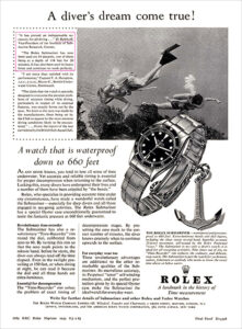A vintage ad featuring the 5510 ref. no. Rolex Submariner, circa 1958