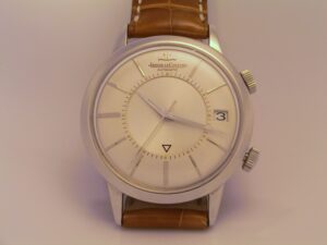 Jaeger-LeCoultre E855 model watch with brown strap and white dial 