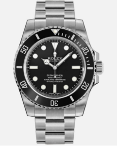 Rolex No Date Submariner is shown with a silver bracelet, and black dial and bezel. 