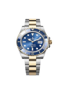 This 2020 Rolex Submariner watch in stainless steel and 18k yellow gold with a blue dial and blue/gold bezel.