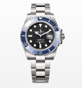 White gold Submariner with a vibrant blue dial and bezel.