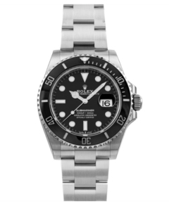 The Rolex Ceramic Submariner is shown with a black dial and bezel, as well as the date to the 3 o clock position. 