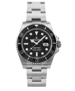 The Rolex Ceramic Submariner is shown with a black dial and bezel, as well as the date to the 3 o clock position. 