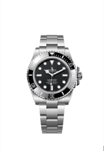 The stainless steel 2020 Rolex Submariner with a black bezel is shown with a white background. 