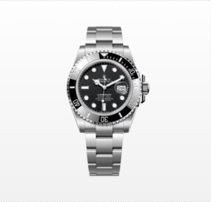 The Rolex Submariner ref. 126610LN with a date on the right side of the face, with a black bezel is shown. 